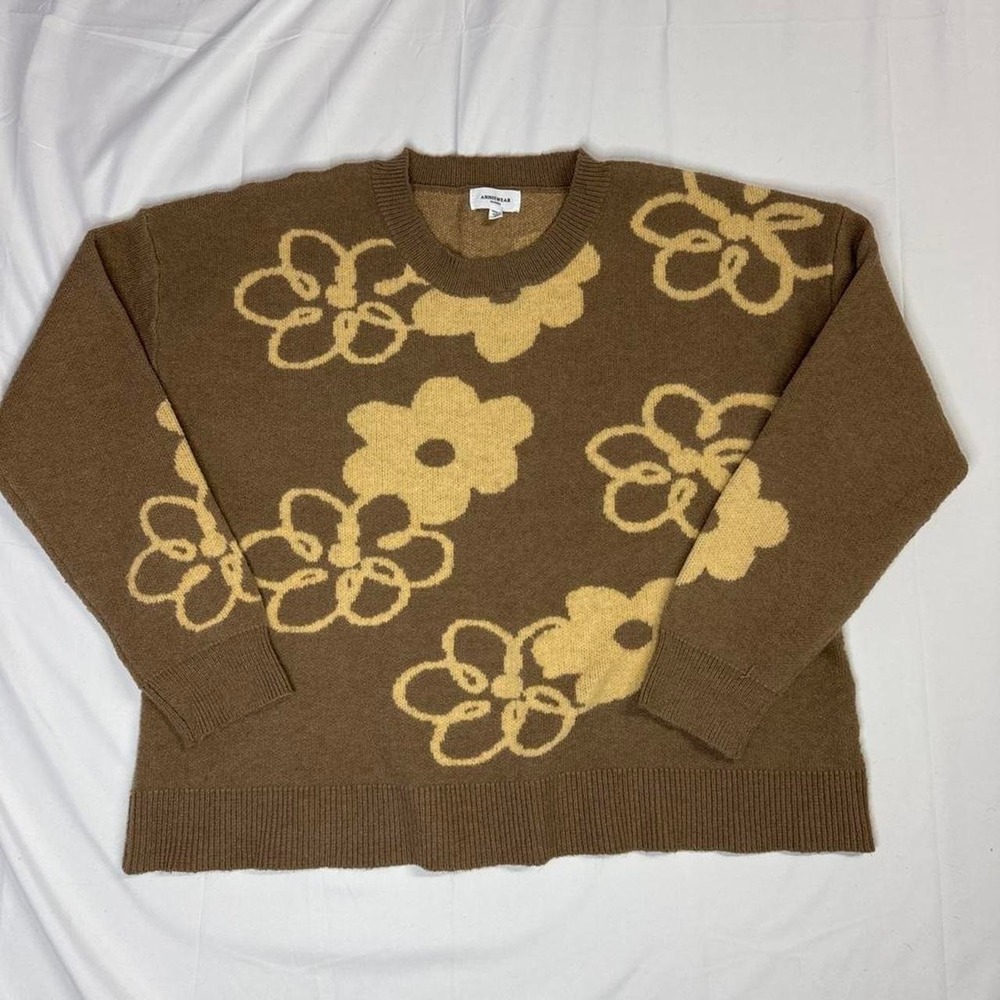 AnnieWear Floral Knit Sweater XL Brown Tan Daisy Intarsia Crewneck ASW1275D